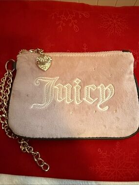 Juicy Couture Light Pink Plush Wristlet with Gold Chain & Heart Charm